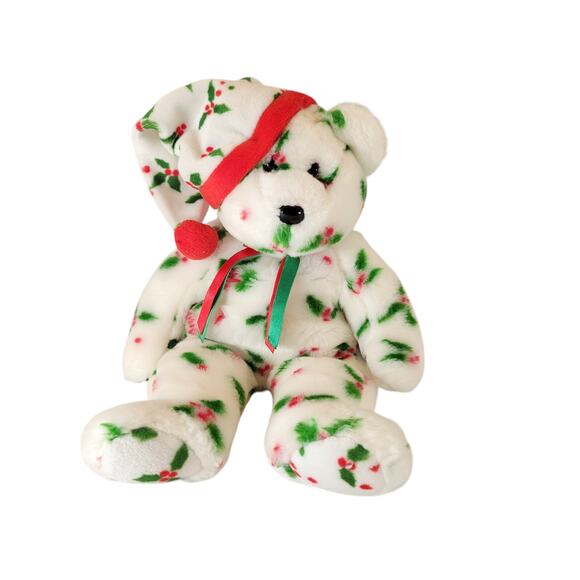 2002 Ty Beanie Buddies Holly Teddy Bear Christmas Plush 14" Red Green Hat - Picture 7 of 13